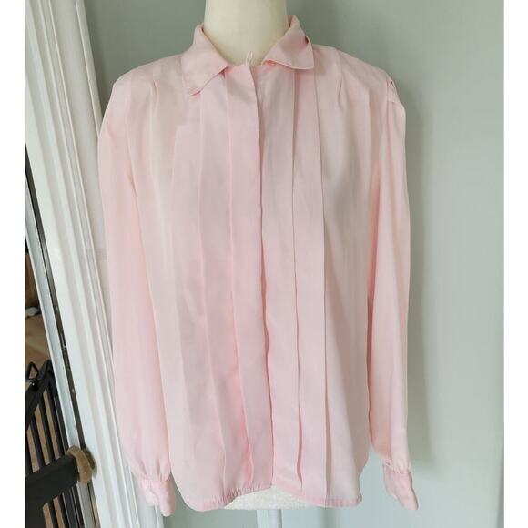 kristen Tops - Vintage Kristen Pleated Blouse Soft Pink Button Down Polyester Blouse